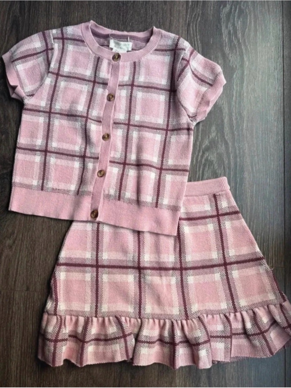 Girls Pink Plaid Knit Set